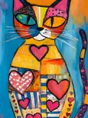 Oranje kat met hartjespatronen en patchwork-motieven tegen een blauwe achtergrond