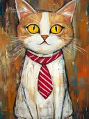 Schilderij van een oranje-witte kat met een rood-witte gestreepte stropdas en gele ogen tegen een bruinoranje achtergrond