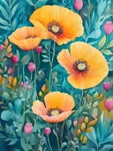 Aquarel schilderij van oranje klaprozen met roze knoppen op een smaragdgroene achtergrond