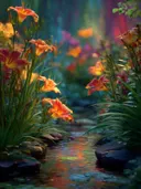 Schilderij van oranje lelies aan een lichtgevend beekje in de tuin