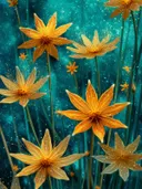 Schilderij van oranje gloeiende bloemen tegen een nachtelijke achtergrond