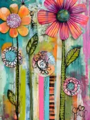 Oranje en magenta bloemen met textuurmedaillons op een turquoise achtergrond