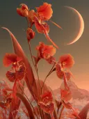 Schilderij van oranje orchideeën met een sikkelmaan op de achtergrond