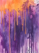 Abstract schilderij met oranje verfdruppels op een paarse achtergrond