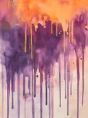 Abstract waterverf schilderij met oranje bovenkant en paarse druipende verf naar beneden