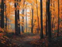Schilderij van een pad door een oranje herfstbos