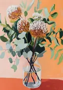Schilderij van oranje protea bloemen in een vaas