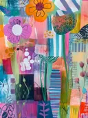 Grafische oranje en roze bloemen met zwarte contourlijnen op kleurrijke achtergrond