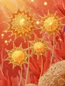 Schilderij van oranje stervormige vuurbloemen in een gloeiend landschap