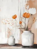 Schilderij van tulpen en droogbloemen in vazen