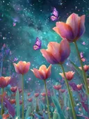 Schilderij van oranje tulpen met paarse vlinders tegen een sterrenhemel