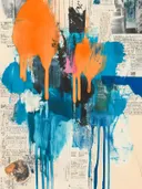 Abstract schilderij met oranje verfdruipers over turquoise en blauwe vlakken