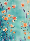 Aquarel van kleine oranje bloemen en paarse lavendel op een turquoise achtergrond