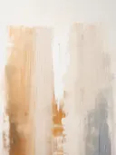 Abstract schilderij met verticale witte en oranje verfvegen.