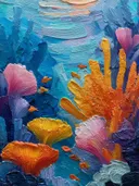 Schilderij van oranje vingerkoraal met kleine vissen