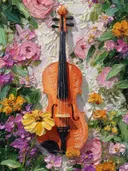 Schilderij van een oranje viool tussen roze en gele tuinbloemen