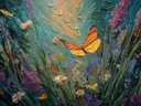 Schilderij van een oranje vlinder op een abstracte teal-paarse achtergrond