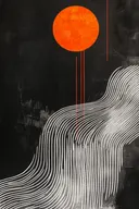Abstract schilderij met een oranje cirkel en rode lijnen boven wit golfpatroon op zwarte achtergrond