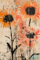 Schilderij van drie oranje zonnebloemen met zwarte kernen omgeven door verfspatten op crème achtergrond