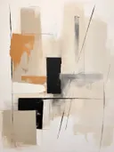 Abstracte compositie met rechthoekige vlakken in zwart, beige en oranje met dunne diagonale lijnen.