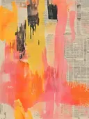Abstract schilderij met oranje, gele en zwarte penseelstreken op krantenpapier