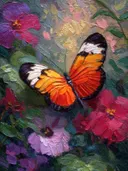 Schilderij van een oranje-zwarte vlinder tussen paarse bloemen