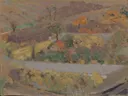 Orchard van Edouard Vuillard: landschap met boomgaard, heuvel, bomen en herfst, in gedempt groen en roze