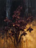 Orchidee aan de bosrand in aubergine, schilderij van orchidee aan de bosrand