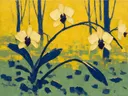 Orchidee aan de bosrand in blauwgeel, schilderij van orchidee tegen de lucht