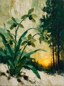 Orchidee aan de bosrand in bosgroen, schilderij van orchidee tegen de lucht