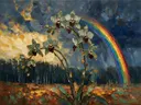 Orchidee aan de bosrand in saliegrijs, schilderij van orchidee tegen de lucht