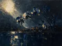 Orchidee aan de oever in inktblauw, schilderij van orchidee aan de oever