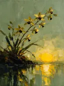 Orchidee aan de oever in mosterd, schilderij van orchidee aan de oever