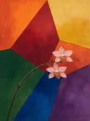 Schilderij van orchidee in alle kleuren van de regenboog, in vlakke kleurvlakken