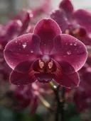 Macrofotografie van dauwdruppels op orchidee, regenboogglans, dieproze