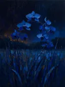Orchidee in de weide in diepblauw, schilderij van orchidee onder een storm