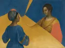 Twee vrouwen in delfsblauw en mosterd, schilderij
