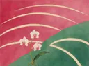 Schilderij van orchidee in framboos en jade, in vlakke kleurvlakken