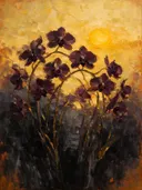 Orchidee in groepjes in aubergine, schilderij van orchidee aan de bosrand
