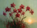 Orchidee in groepjes in karmozijn, schilderij van orchidee aan de bosrand