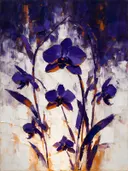 Orchidee in groepjes in paarsoranje, schilderij van orchidee aan de bosrand