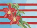 Schilderij van orchidee in hemelblauw en klaproosrood, in vlakke kleurvlakken