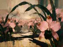 Orchidee in het landschap in groenroze, schilderij van orchidee