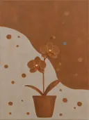 Schilderij van orchidee in kaneel en duifgrijs, in vlakke kleurvlakken