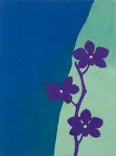 Schilderij van orchidee in koele kleuren bij elkaar, in vlakke kleurvlakken