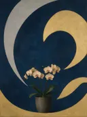 Schilderij van orchidee in nachtblauw en goud, in vlakke kleurvlakken
