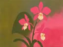 Schilderij van orchidee in olijf en roze, in vlakke kleurvlakken