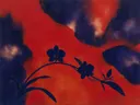 Schilderij van orchidee in vermiljoen en indigo, in vlakke kleurvlakken