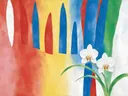 Schilderij van orchidee in vier heldere kleuren naast elkaar, in vlakke kleurvlakken