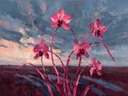 Orchidee onder de hemel in fuchsia, schilderij van orchidee van dichtbij